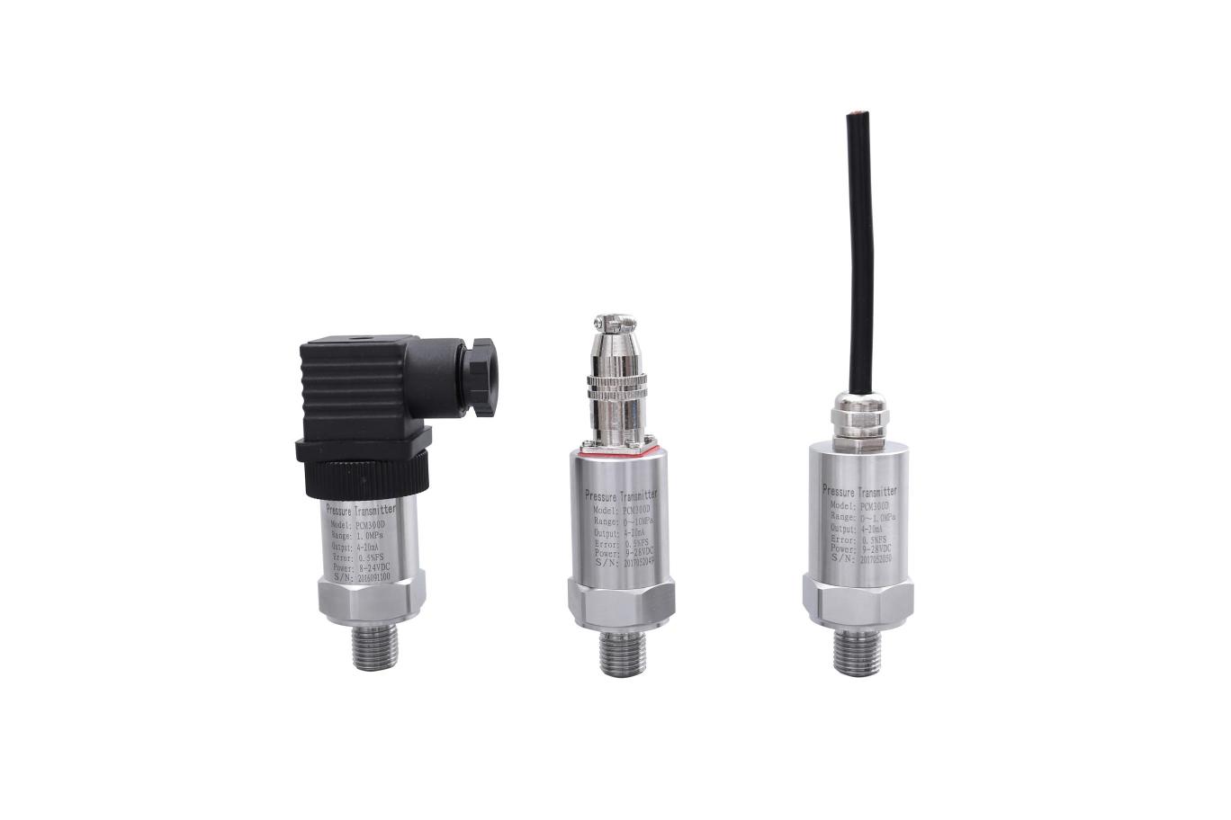 PCM300系列壓力變送器為不銹鋼圓筒外殼，采用直接引線或國際通用的DIN43650赫斯曼接線盒。外殼防護等級高，因為其精巧的外形，主要適用于室內及機械設備的配套上，廣泛應用于對各種氣體、液體和蒸汽的壓力、液位的自動化檢測和控制中，測量范圍廣、精度高、穩(wěn)定性好、性能可靠、安裝使用方便等特點，具有反向極性保護、防雷擊性能好，抗射頻干擾能力強。該產(chǎn)品廣泛應用于石油、化工、冶金、航空、航天、醫(yī)療設備、車輛、制冷機、壓縮機等行業(yè)的過程控制及測量。